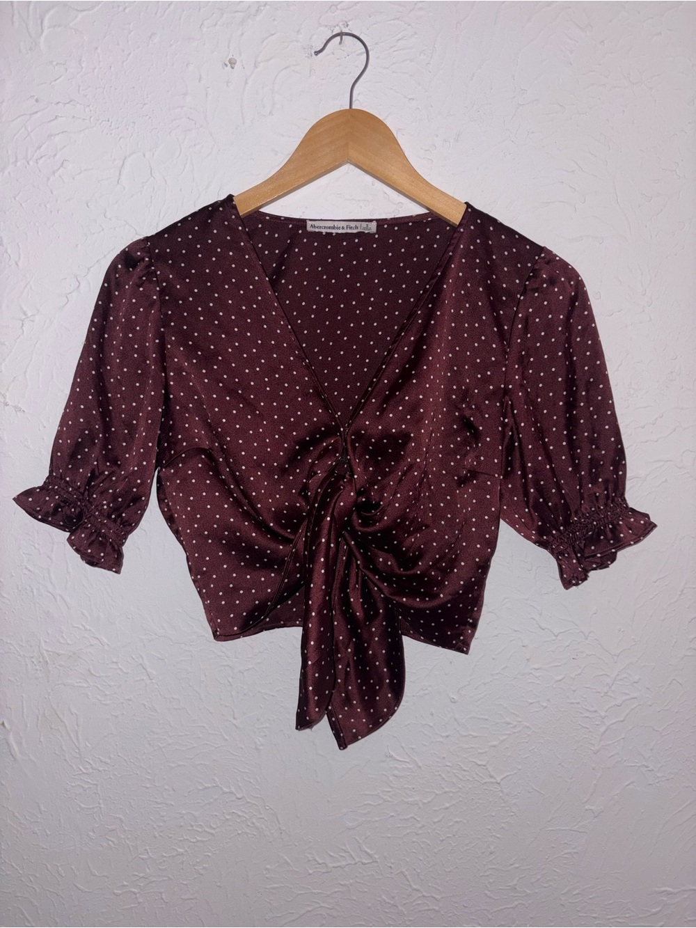 Abercrombie & Fitch Burgundy Polka Dot Tie-Front Brown Satin Blouse